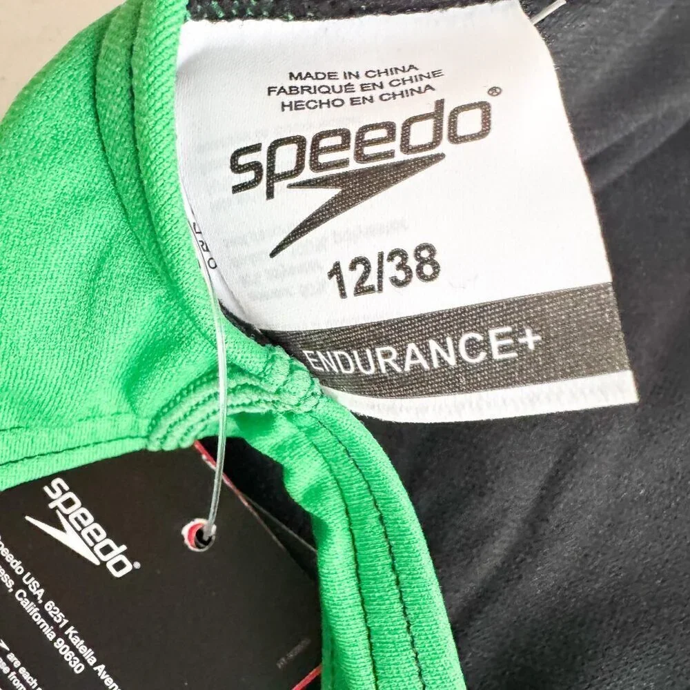 Speedo Endurance Black Green Color block Sports One Piece Swimsuit 12